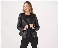 QVC Brenda Edwards faux leather black biker jacket size 14