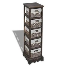 Wooden Rack Storage 5 Wicker Baskets Drawers Drawer Cabinet Bathroom Unit Brown