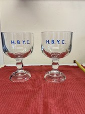 Pair Of Very Large Heavy Goblet Glasses With  “H.Y.B.C” Stencilled In Blue.