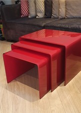 Nest Of 3 x Real Glass Red Curved Coffee Tables. 