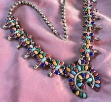 Native American Navajo Rainbow Multi Stone Squash Blossom Necklace Signed BB