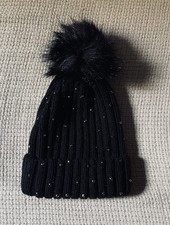 Primark Black Diamante Stud Knitted Bobble Hat - One Size - BNWOT
