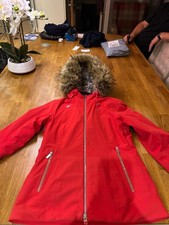 Women’s Red Schoffel Ski Coat With Fur Hood, Size 8, Good Condition
