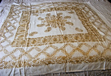Vintage tablecloth & 6 napkins hand embroidered gold chain stitch embroidery