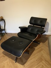 Eames Style Lounge Chair & Ottoman - Black Leather and Wooden Frame