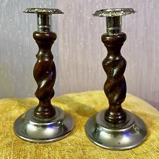 ANTIQUE PAIR TALL WOODEN BARLEY TWIST CANDLESTICKS Chrome TOPPED CANDLE HOLDERS