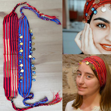 Turkish Headband Scarf wit Evil Eye & Coins, Traditional Hair Accessory, Bandana