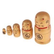 5 Pieces Wooden Babushka Russian Nesting Doll Hand Painted Lucky Cat Golden