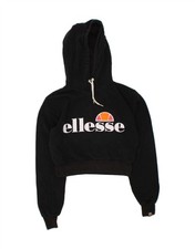 ELLESSE Womens Graphic Crop Hoodie Jumper UK 8 Small Black Cotton BV88