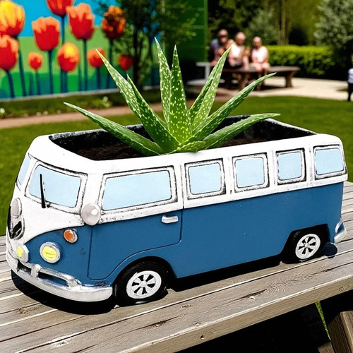Blue campervan cement planter - blue,