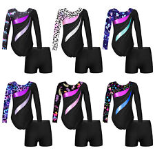 UK Kids Girls Dance Outfit Long Sleeve Leotards Bodysuit With Shorts Outfits 