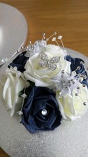 2 Cake Toppers For Weddings, Birthday Celebrations. Navy & Ivory Flowers.