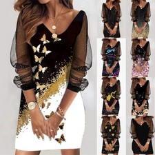 Plus Size Womens Shiny Glitter Mesh Dress Long Sleeve Summer Party Shirt Dresses