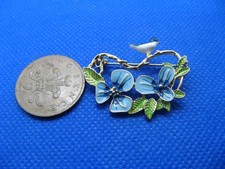 Lovely Enamel Gold Tone Bird & Flower Brooch. New.