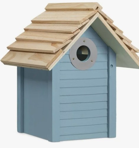 Pine wood bird house blue - bird, side