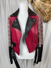 Women’s Pink and Black Pinko Tweed & Leather Biker Jacket – Size S / UK 8