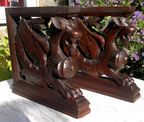 Antique pair griffin - antique, carved