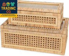 Large Handwoven Boho Rattan Display Boxes with Glass Lids - Set of 2 Rectangular