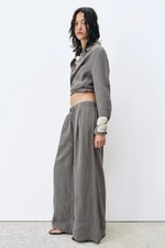 Zara Co Ord Set Grey 100% Linen Wide Leg Palazzo Trousers Shirt Size S Bloggers