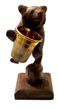 Antique Black Forest Carved Standing Wooden Bear Thimble Holder