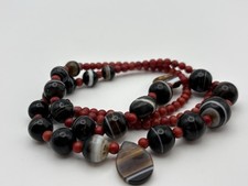 Vintage Banded Agate Necklace Red Coral Beads Ethnic Tribal Jewelry