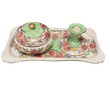 Maling Peony Rose Dressing Table Set 1930s Tray Candlestick & Pot 1 Repair