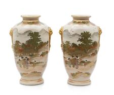 Pair Antique Satsuma Ware Pottery Vases by Hakusan - Japanese Meiji c1880
