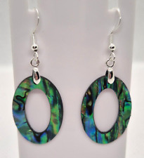 ABALONE OVAL 925 SILVER HOOK EARRINGS 5.5CM DROP E9