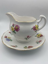 Vintage Vale Bone China Cream Jug & Saucer – Floral Pattern with Gilded Rim