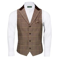 Mens Vintage Tweed Check Herringbone Oak Brown Grey Tailored Fit Retro Waistcoat