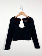 Anthropologie Maeve Top Blouse S Black Zip Front Corset Style Long Sleeve Shirt