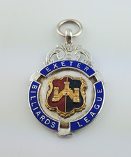 VINTAGE SILVER & ENAMEL EXETER BILLIARDS LEAGUE WATCH FOB MEDAL HM B'HAM 1932