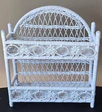 Vintage White Wicker Wall Shelf 2 Tier Hanging Bathroom Storage Boho Farmhouse