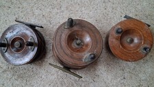 Three wood fishing reels angling wooden brass