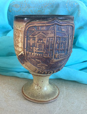 Vintage Studio Ware Pottery Goblet/chalice embossed scene POOLE Dorset 12cm
