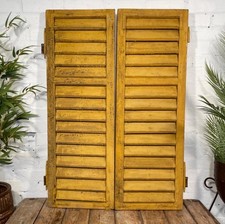 Vintage Antique Pair Yellow French European Wooden Window Louvered Shutters