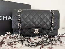 CHANEL Classic Black Double Flap Bag - Silver Hardware - Caviar Leather - Medium