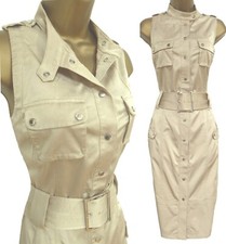 KAREN MILLEN ✩ CHAMPAGNE BELTED SAFARI MILITARY SHIRT STYLE PENCIL DRESS ✩ UK 10