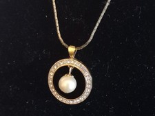 Vintage Faux Pearl & Diamonds Gold Tone Necklace Pendant by Trifari Jewellery