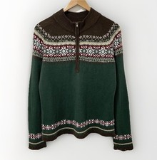Vintage Fair Isle Half Zip Jumper Women's M Green Knit Beaded Icelandic Nordic