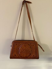 Vintage Handmade Tooled Folk Art Leather Boho Hobo Top Handle Bag Handbag