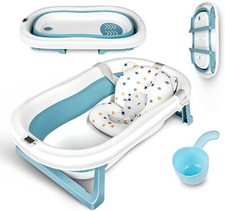 Foldable Baby Bath Tub Safe Non-Slip Portable With Soft Cushion Pad 0-4y *GREEN*