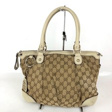 GUCCI Canvas Handbag Tote Ivory Leather Trim Vintage Bag
