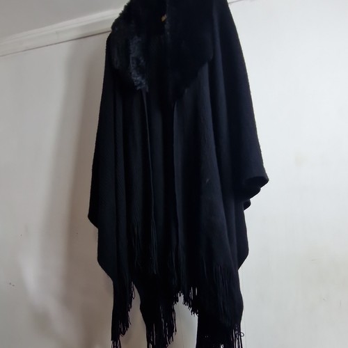 Women black knit poncho cape - poncho,
