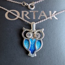 Ortak Orkney Owl Bird Pendant Scottish Sterling Silver Enamel Necklace Chain