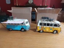 Two Large Tin Plate VW Transporters Camper Bus Distressed Look Splitscreen Van