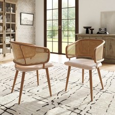 2 Pcs Dining Chairs with Padded Seat Metal Legs Rattan Backrest Kitchen Chairs