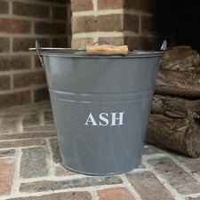 Ash Bucket Fireside Metal Storage Large Grey Wooden Handle & Lid, 12 Litre, 32cm