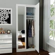 High Gloss 2 Doors Mirror Wardrobe White Bedroom Furniture Storage Hanging Rail