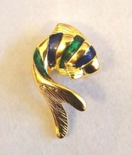 NOS Cabouchon Fish Pin 18K Gold Plated with Blue Green Enamel Stripes 1" Tall